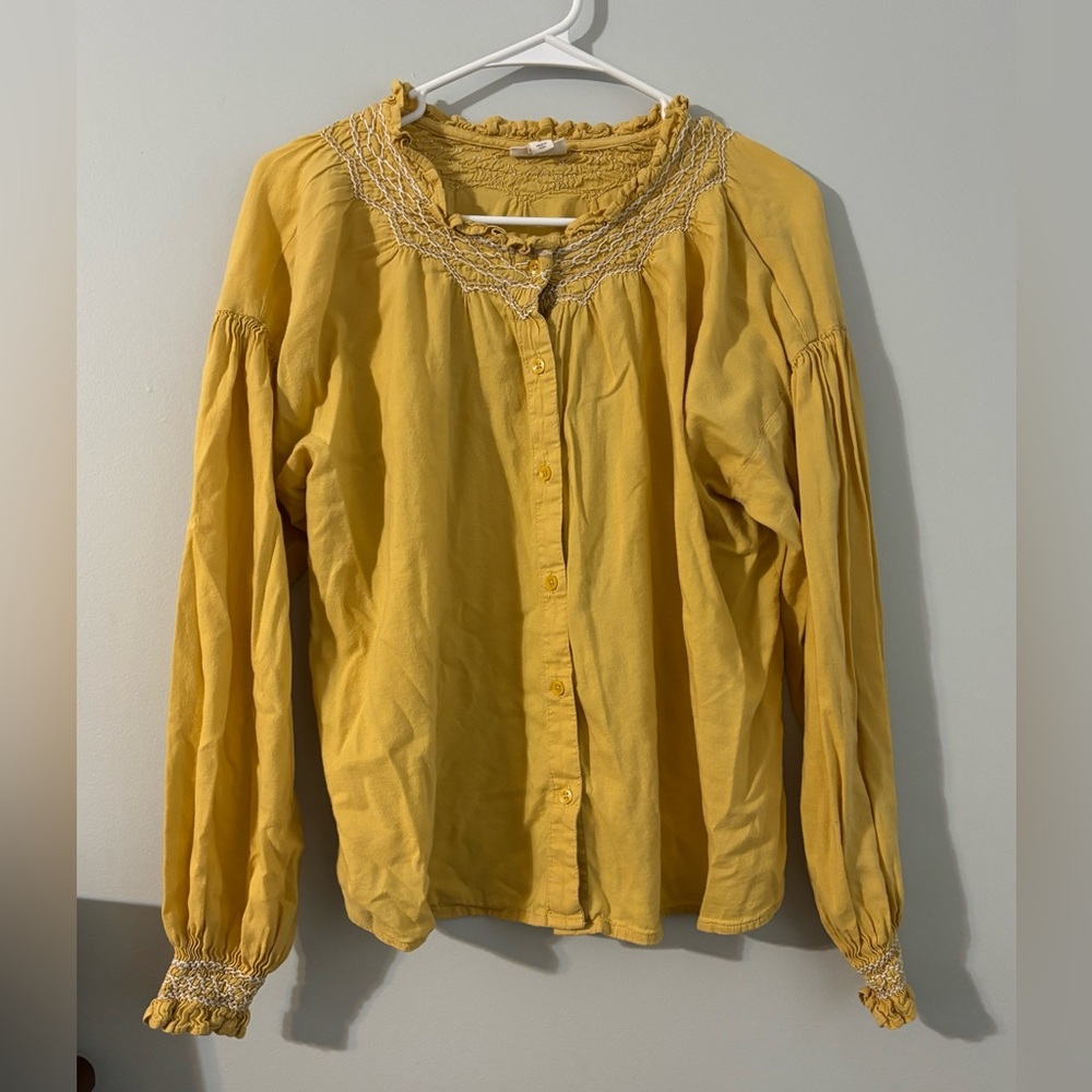 a.n.a Mustard Smocked Blouse